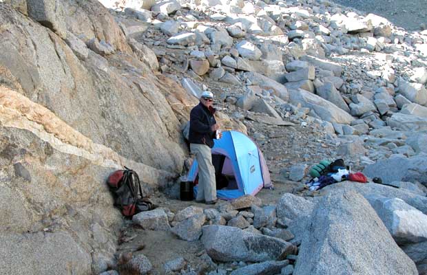 Our camp in the boulder field at 12,400' below the southwest face of Mt Sill