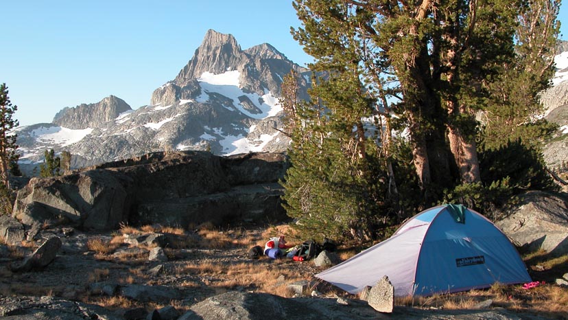 Our 10,000' camp-site at Island Pass, with Banner Peak behind