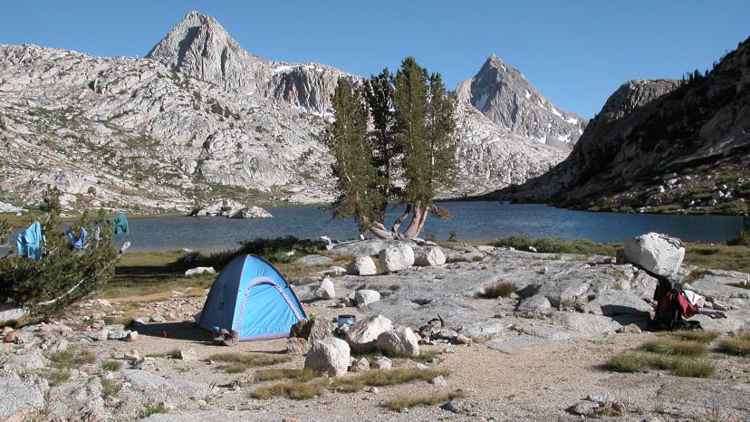 Our camp at 10,900' by Evolution Lake, looking south towards Muir Pass