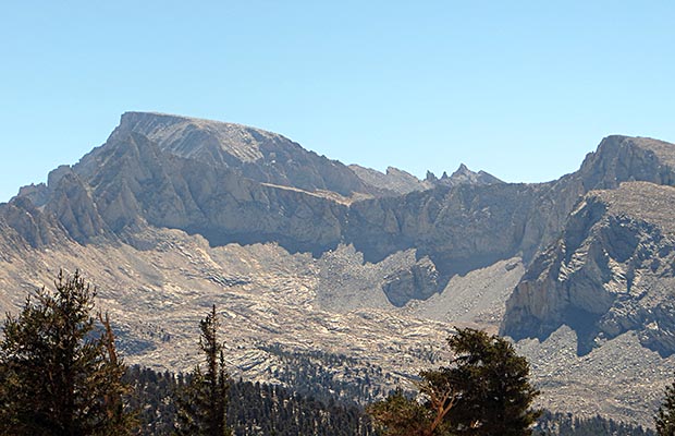 The northwestern flank of Mount Whitney, as seem from the Bighorn Plateau
