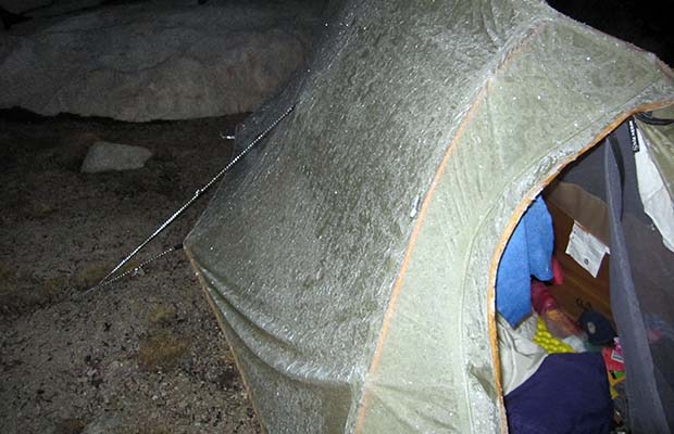 Bubbs Creek nightmare: Jeanne's frozen tent