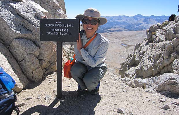 Jeanne on the summit of the 13,200' Forester Pass
