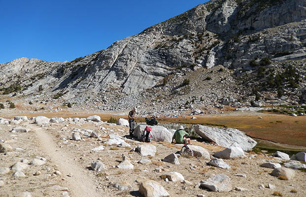 On the JMT, south of Silver Pass and to one side of Silver Lake