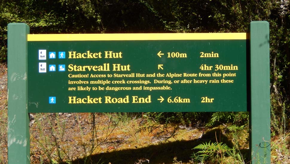 The sign for the Trail from Hacket Hut to Starveall Hut - note well the Caution!