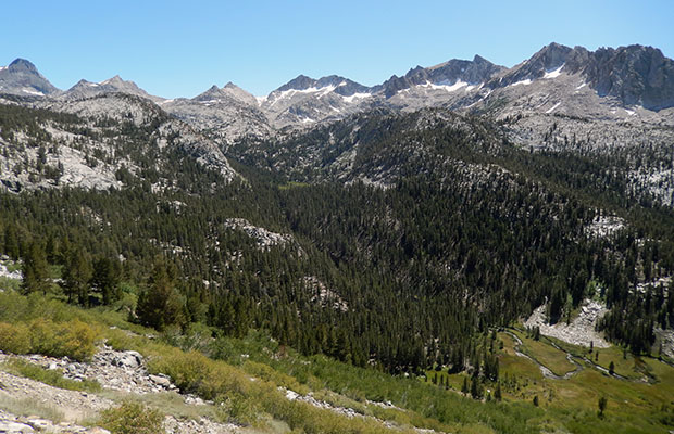 The view down into Tully Hole from the JMT switchbacks south of Virginia Lake.