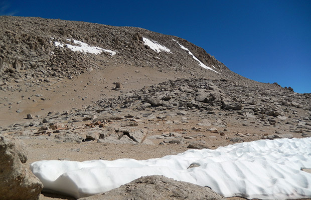 The final ramp to the summit of Mount Langley seen from 13,200'.