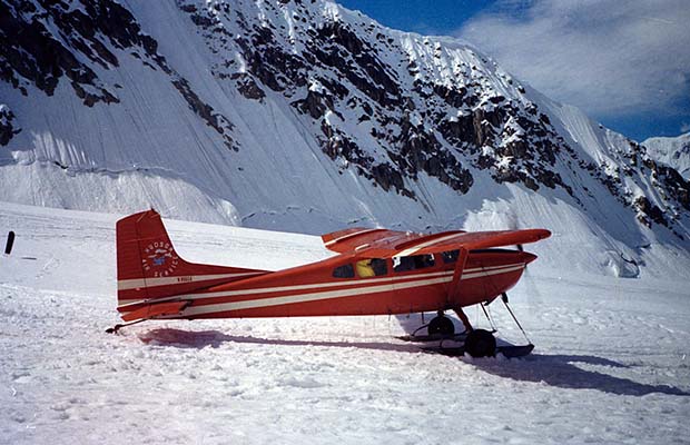 A Hudson Air Cessna 185 on the ski-strip at Base Camp