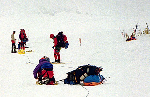 Our second or third day dragging sleds up the Kahiltna Glacier - in whiteout conditions.