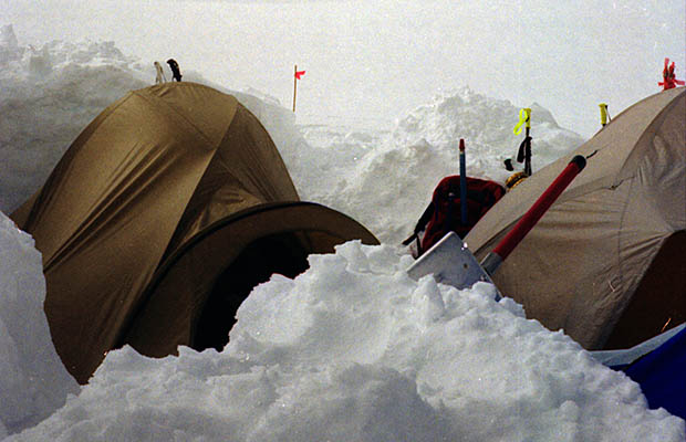 Our two tents dug deep into the snow below Ski Hill