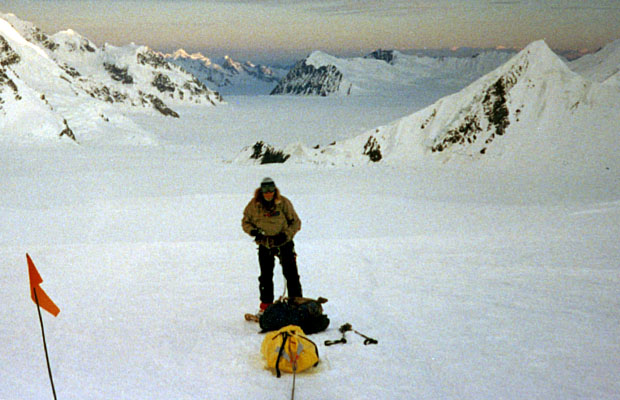Descending the Kahiltna Glacier at midnight on June 19th, 1989