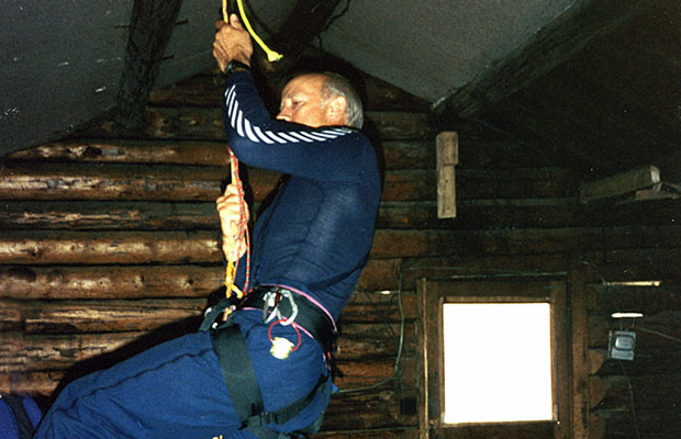 Peter hanging around during crevasse self-extraction training in the old Hudson cabin