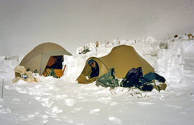 Our two tents, protected by snow blocks, at the 17,200' High Camp