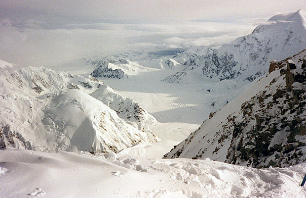 Looking down from the West Buttress ridge into the Kahiltna Glacier
