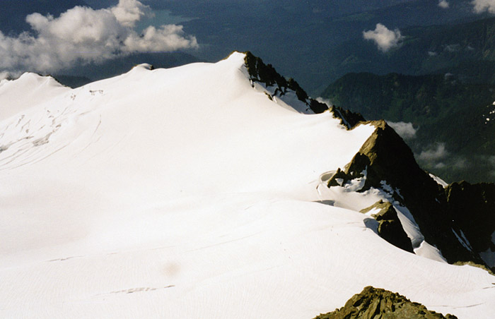 Looking down from Shuksan's summit to my route along the Sulphide Glacier