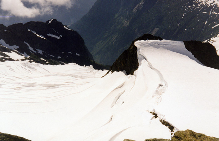 Looking down from Shuksan's summit to the Crystal Glacier