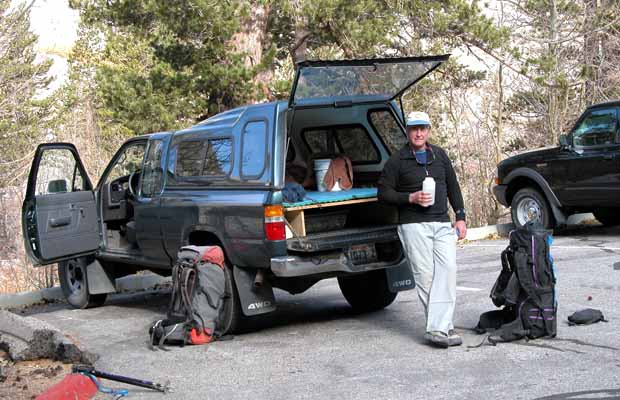 Oct. 2002: Jim relaxing at the South Lake trailhead before heading out on our climb 