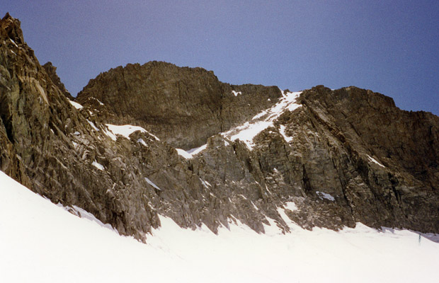 Looking up at Scimitar Pass from Sill Glacier
