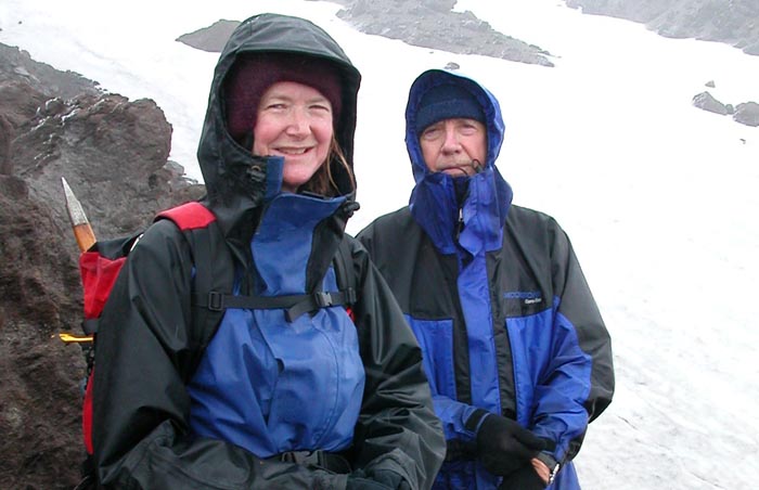 Lee and Peter trying to look warm and happy during the descent of Mount St. Helens