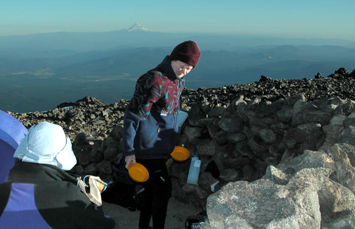 Camp at the Lunch Counter on Mt Adams at an elevation of 9,000'. Mt Hood in the background