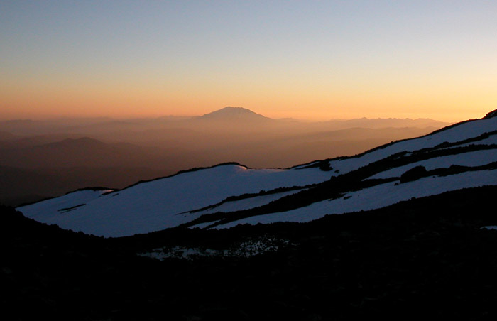 Sunset as viewed from our 9,000' camp-site on Mt Adams. Mount St Helens in the background