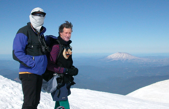 Peter and Ken on the summit of Mt. Adams (12,276'). Mount St. Helens in the background 