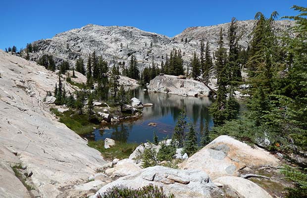 The large rock pond on Seavey Pass, as seen from the PCT.