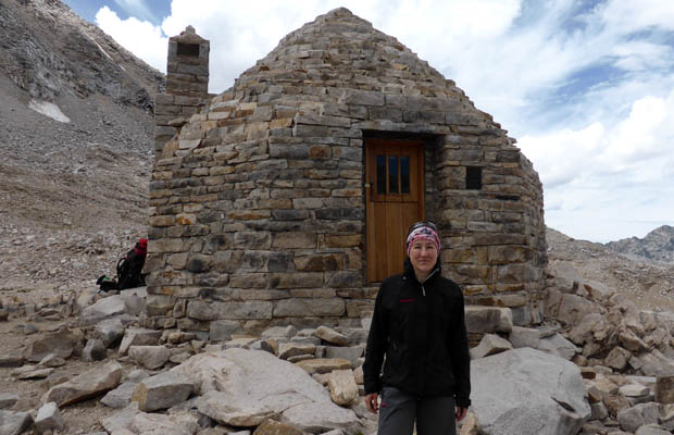 Angela next to the Muir Hut on the 12,000' Muir Pass