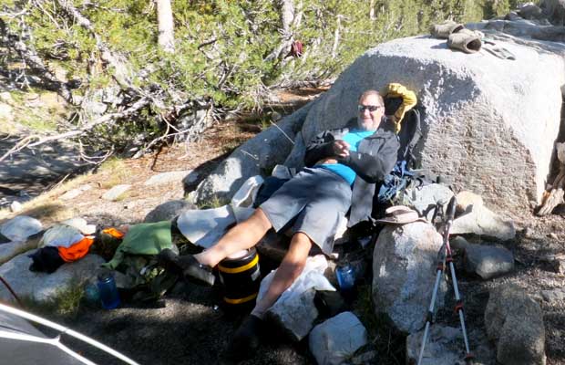 Rob in a relaxed mode at our Rae Lakes campsite ... only 4 days to the finish