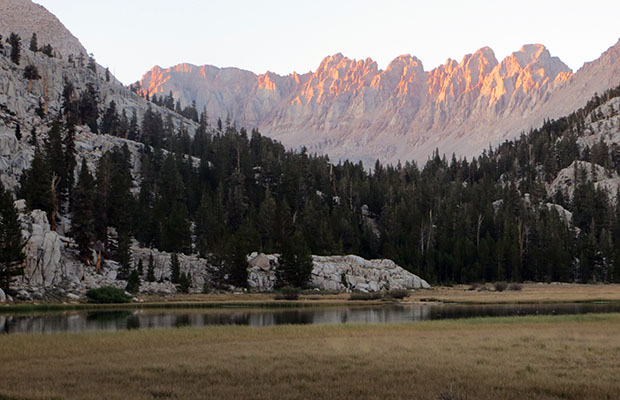 The evening alpenglow on the peaks above the Soldier Lakes.