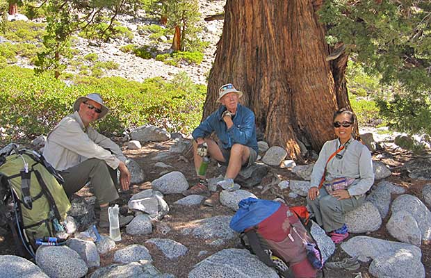 David, Peter and Jeanne under the Sierra Juniper at the Piute Creek intersection.