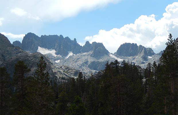 The Minarets as seen from the JMT on the descent to the Shadow Creek trail.