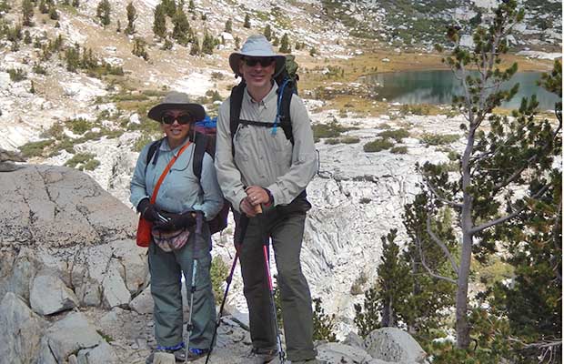 Jeanne and David on the JMT above Squaw Lake on our way to Goodale Pass