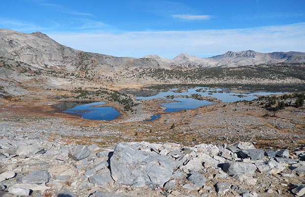 The west end of Thousand Island Lake as seen from Garnet Pass - on the High Route