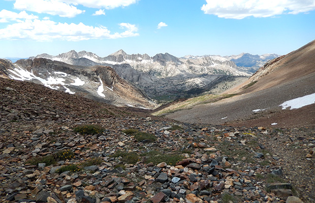 Looking west from the summit of McGee Pass and our route downhill to Tully Lake.