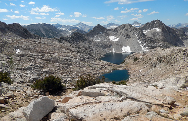 Looking south from the summit of Shout of Relief Pass with Rosy Finch Lake below.
