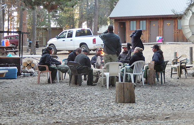 A group of forest firefighters relaxing at VVR. Dealing with fire near Devils Bathtub