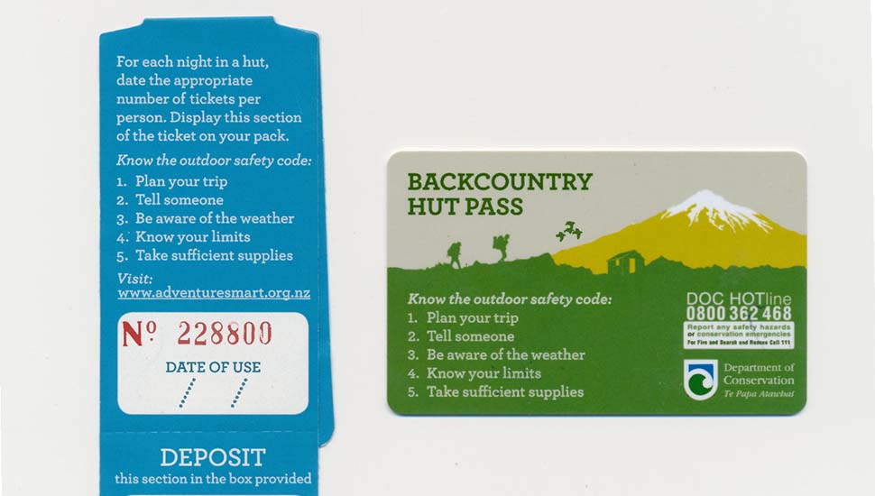 Hut Passes of two types: The blue tags are NZ$5 each.  The season card is NZ$90, one time charge.