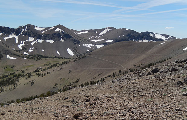 The long switchbacks of the PCT and Tungsten Trail (old mining road)