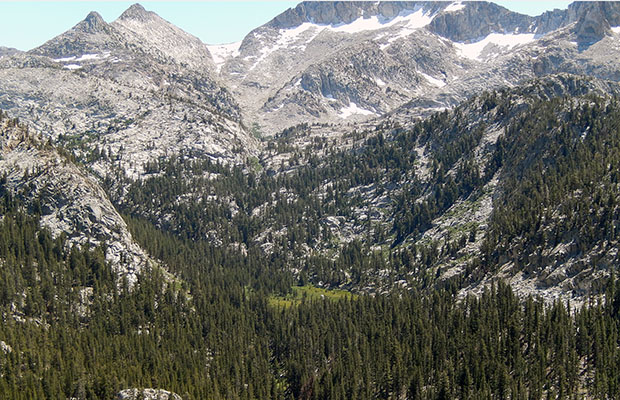 The green meadow is Horse Heaven, a gateway to the Sierra High Route.