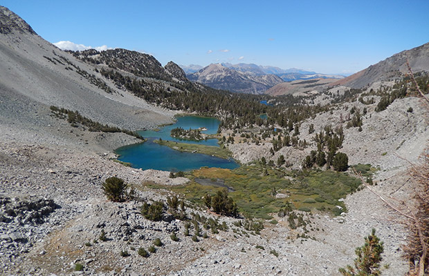 Climbing up to Duck Pass from the Mammoth Lakes.  Mammoth Mountain in the background.