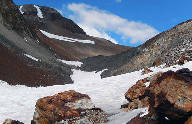 The final section of McGee Pass with hard packed snow across the Trail