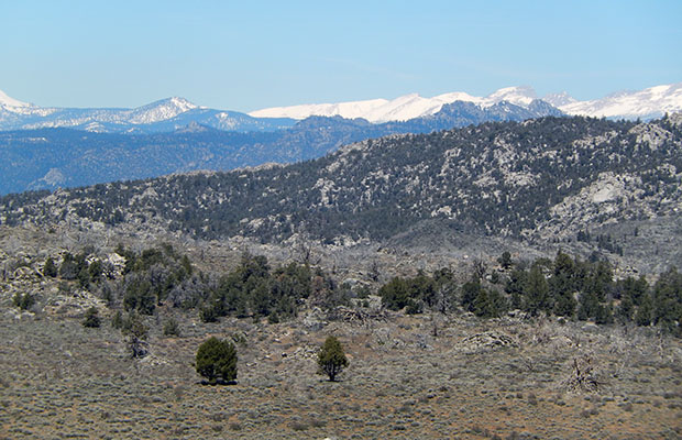Looking north to the snow covered peaks of the southern High Sierra