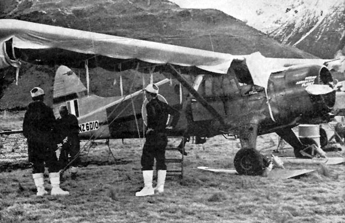 Mount Cook airstrip 1959: The RNZAF Beaver ready for the Glacier flying. Fitted with wheel-skis.