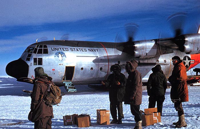 USN C-130 BL Hercules on the skiway at South Pole Station ... 10,000' above sea level