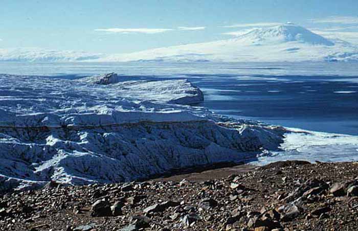 Looking east to Ross Island across McMurdo Sound from the Ferrar Glacier.