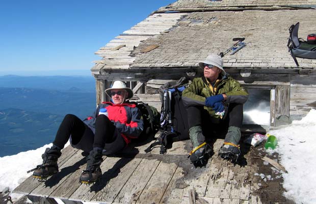2007: Mike and Peter on the planks of the long disused hut at the summit.