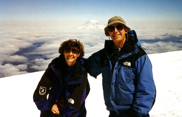 1995: With Lucy on the summit of Adams - Mt Rainier in the background.