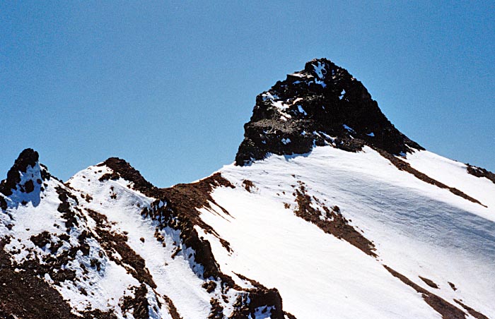 1987 Solo climb: The summit ridge and pinnacle viewed from my high point