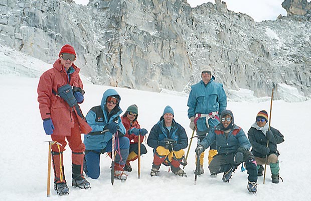 The climbing group near Mera La at 18,000'.  Mal, self, Pete, Russell, Martin and Mingma.