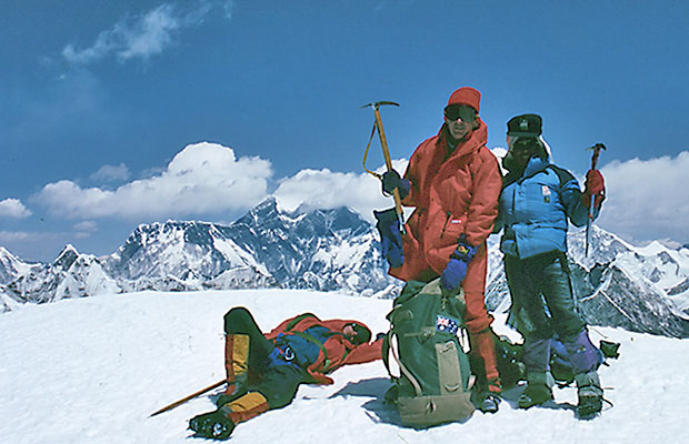 Pete [lying down], Mal and Dorje on the summit of Mera Peak.